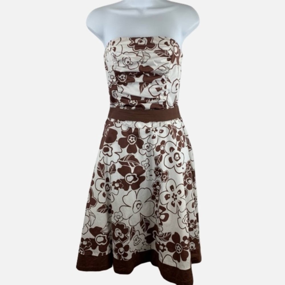 Ruby Rox White Midi Sundress Brown Floral Print Strapless Ruched